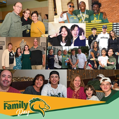 a collage of photos with students and their families